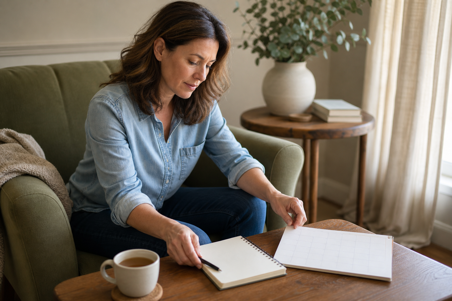 Woman preparing a blank notebook and calendar at home before a healthcare conversation