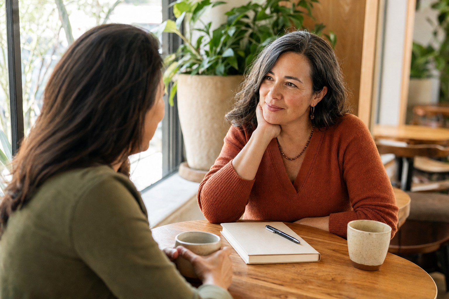 Two midlife friends having a supportive conversation beside a blank notebook at a cafe table