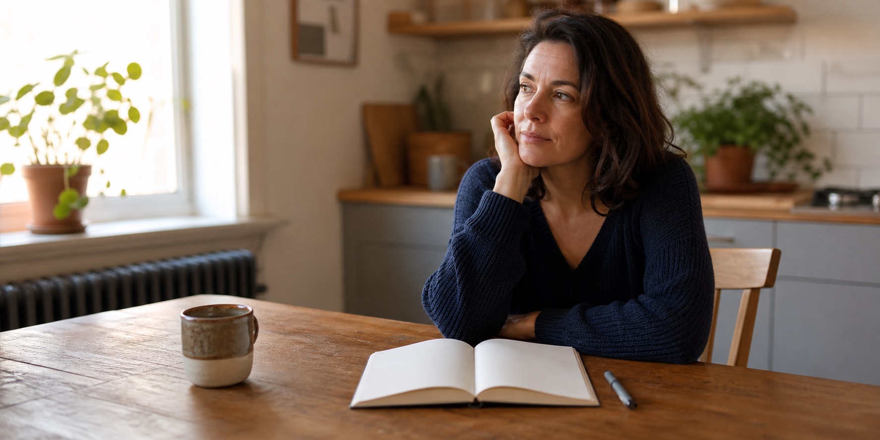 Woman in her forties organizing thoughtful questions for a healthcare appointment at a warm table