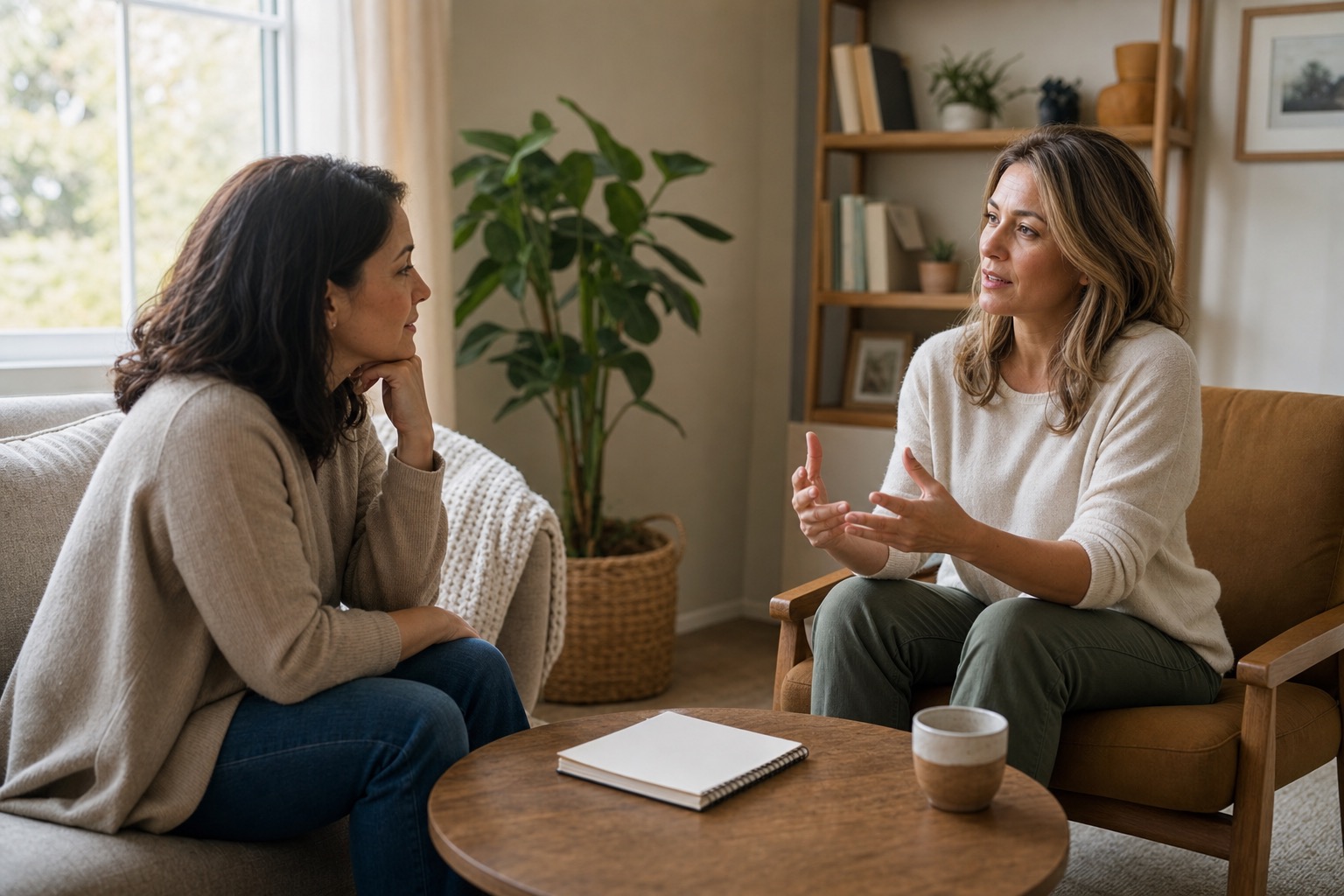 Two women having a calm, practical conversation with a notebook in a bright living room