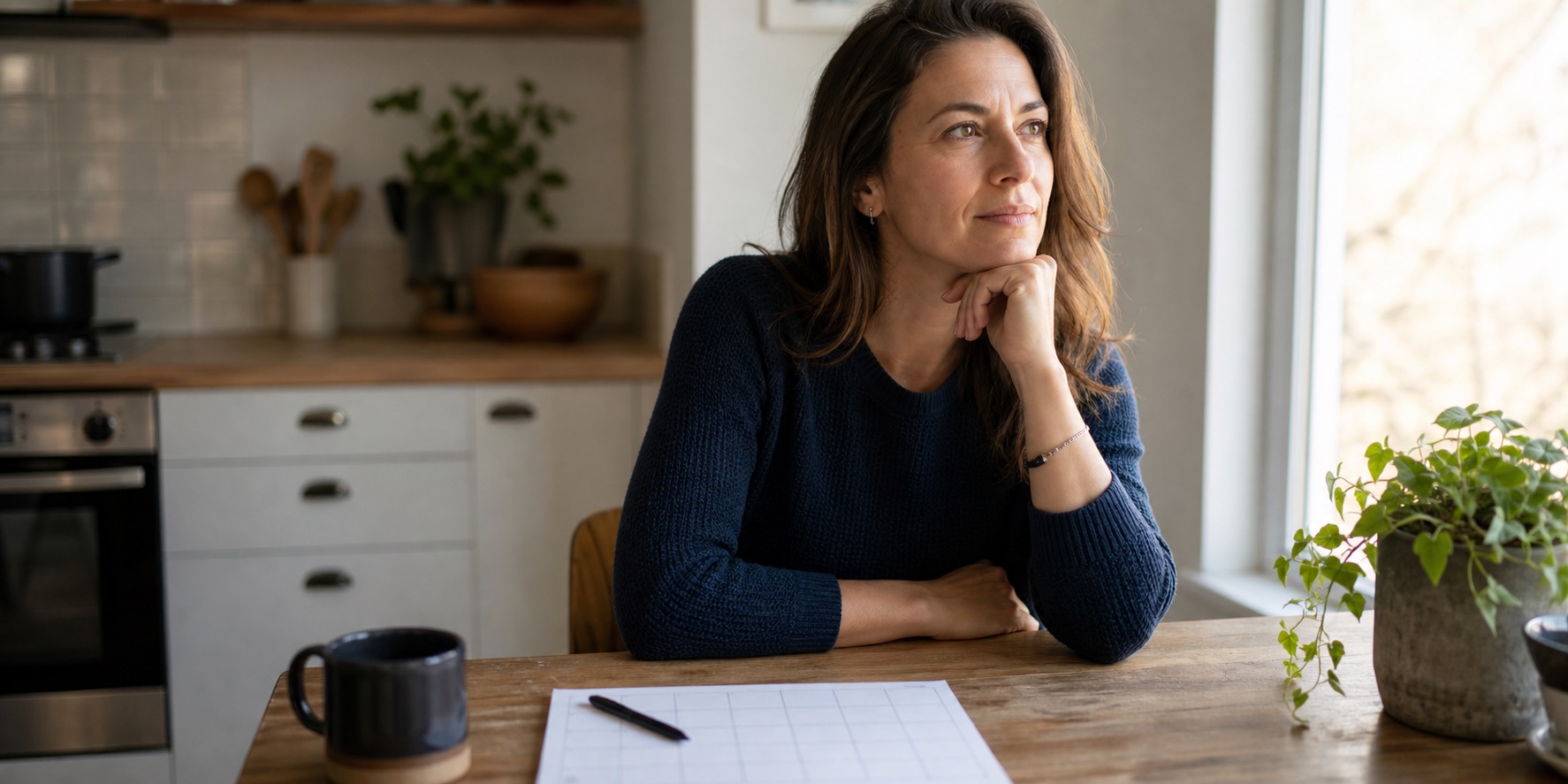Woman looking at a blank calendar while thinking about perimenopause irregular periods