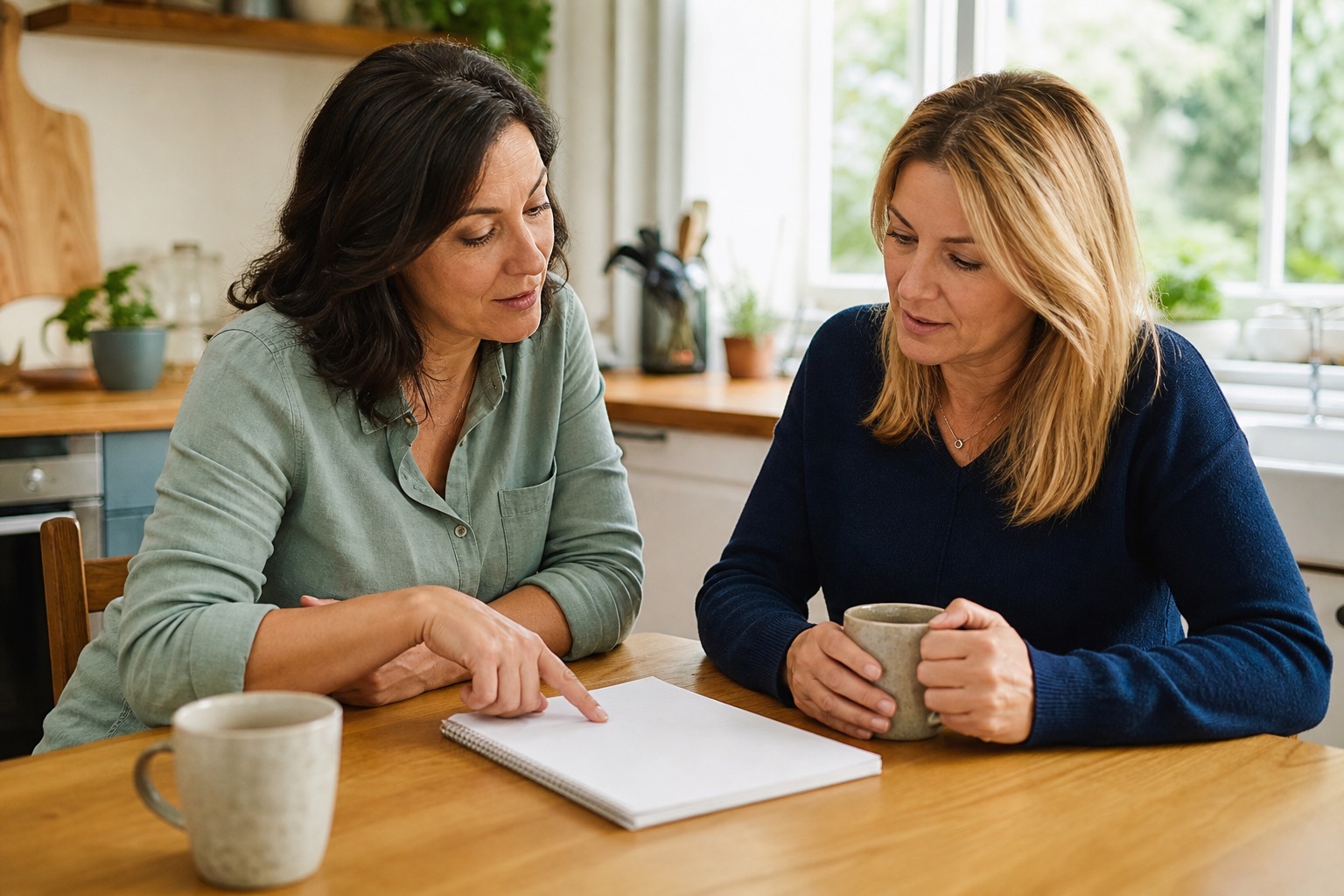 Two women reviewing a blank notes page while discussing perimenopause period changes