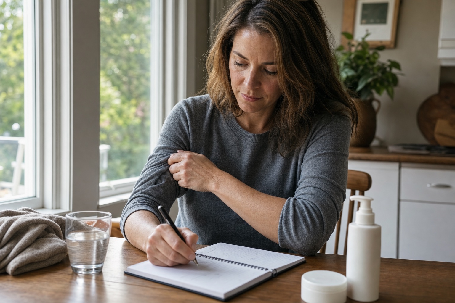Woman writing symptom notes beside moisturizer and a glass of water