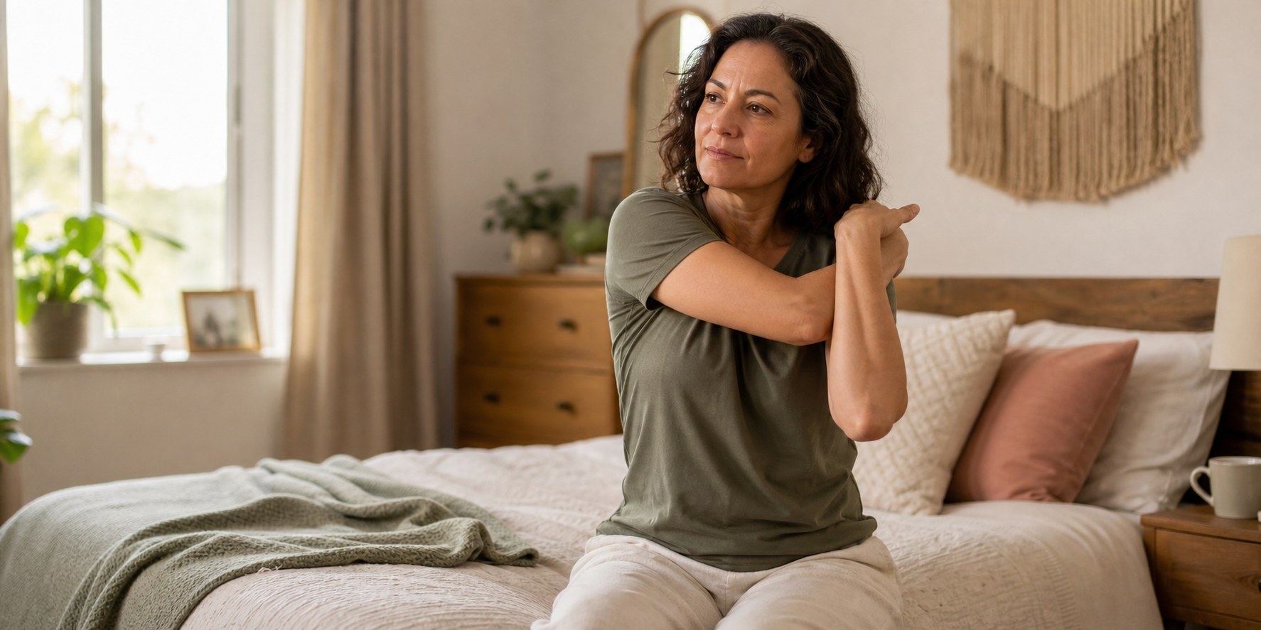 Woman in her 40s gently stretching her shoulder in a bedroom while thinking about perimenopause and joint pain