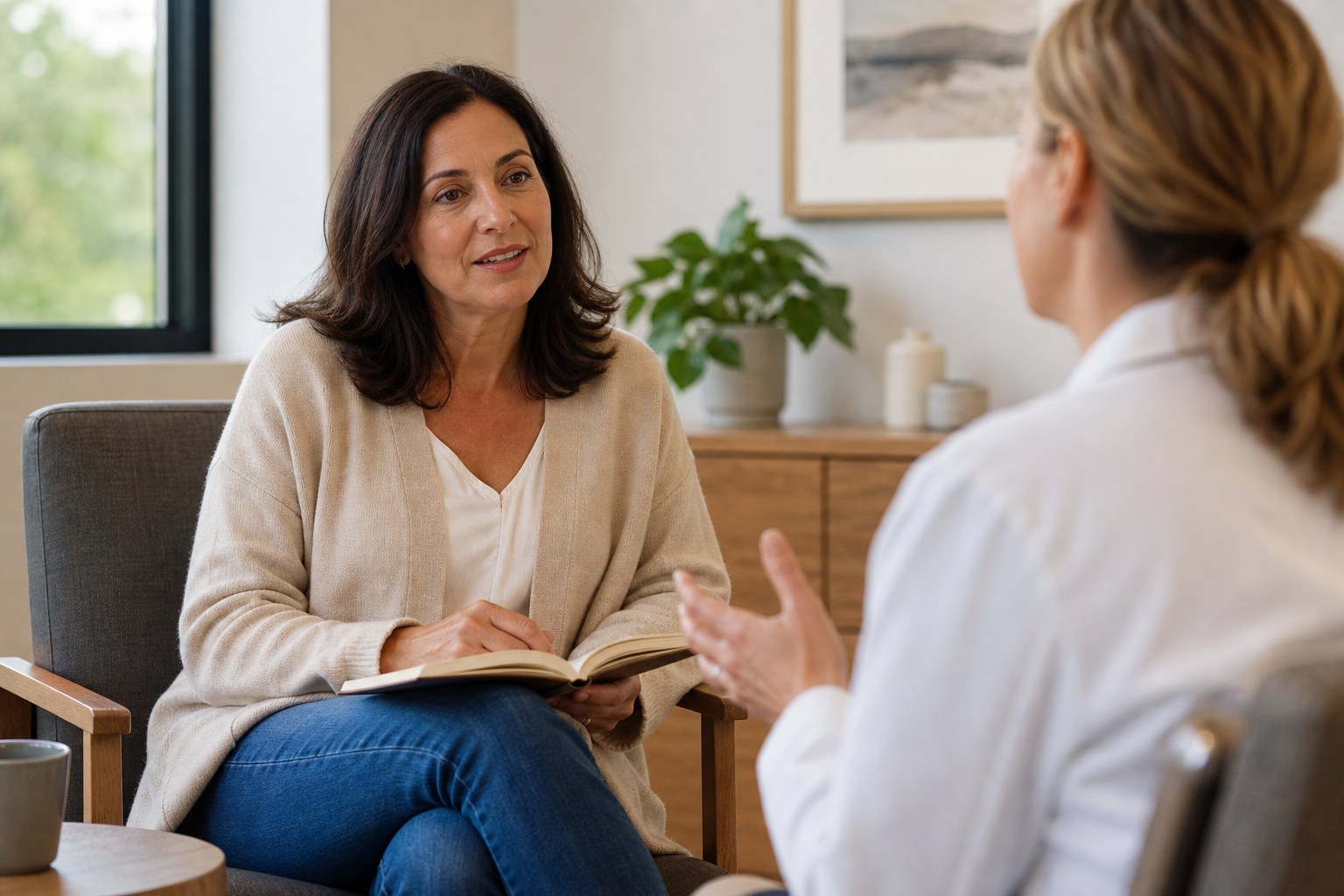 Woman discussing joint pain notes with a clinician in a calm consultation room