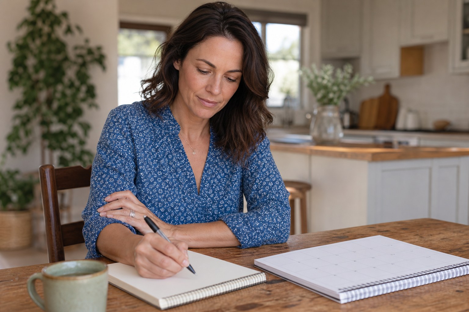 Woman writing joint pain and symptom notes in a blank notebook at a kitchen table