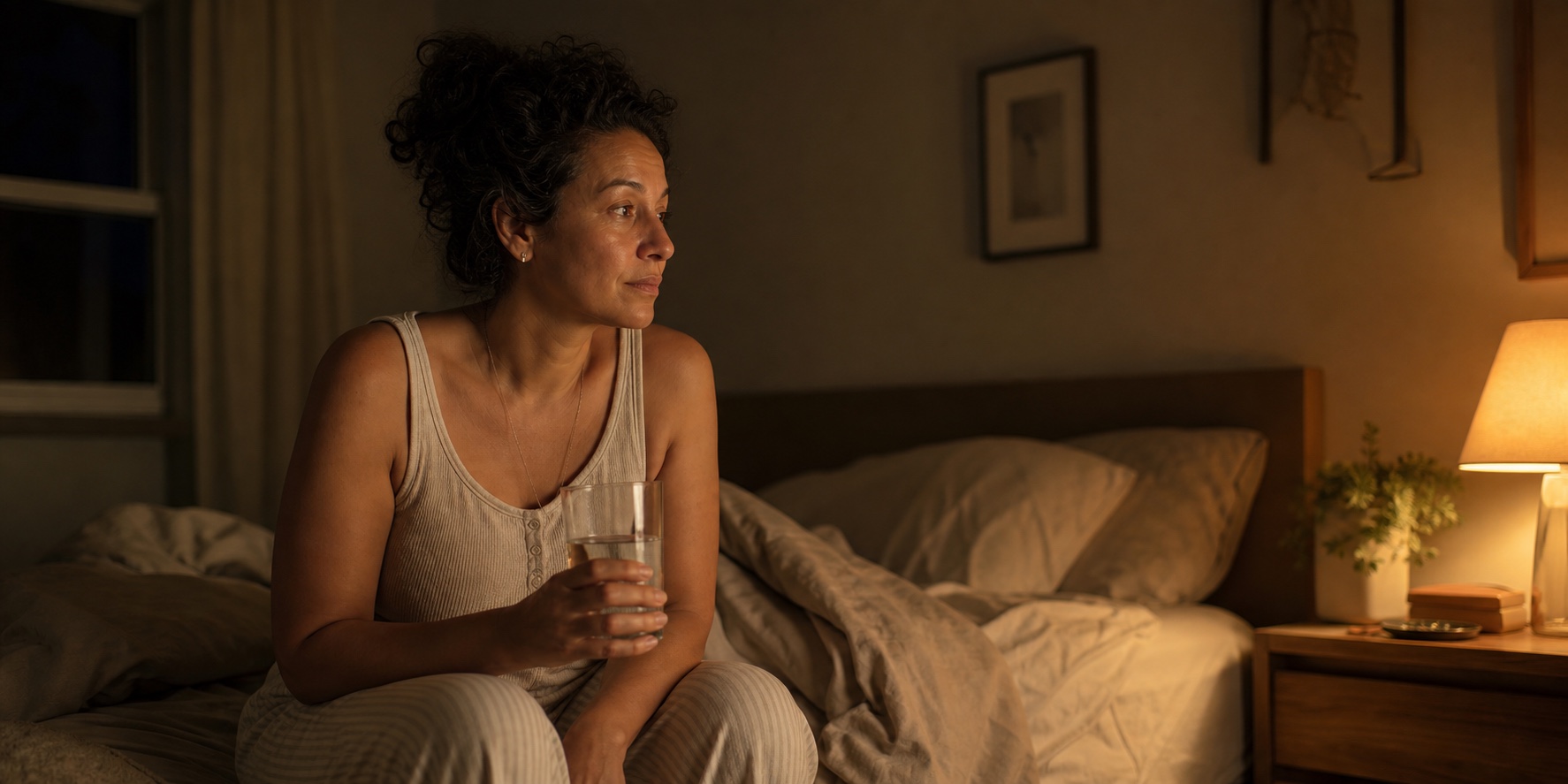 Woman sitting on the edge of her bed at night after waking from a night sweat