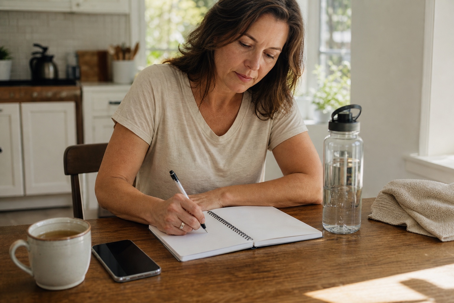 Woman writing in a symptom tracker at a kitchen table