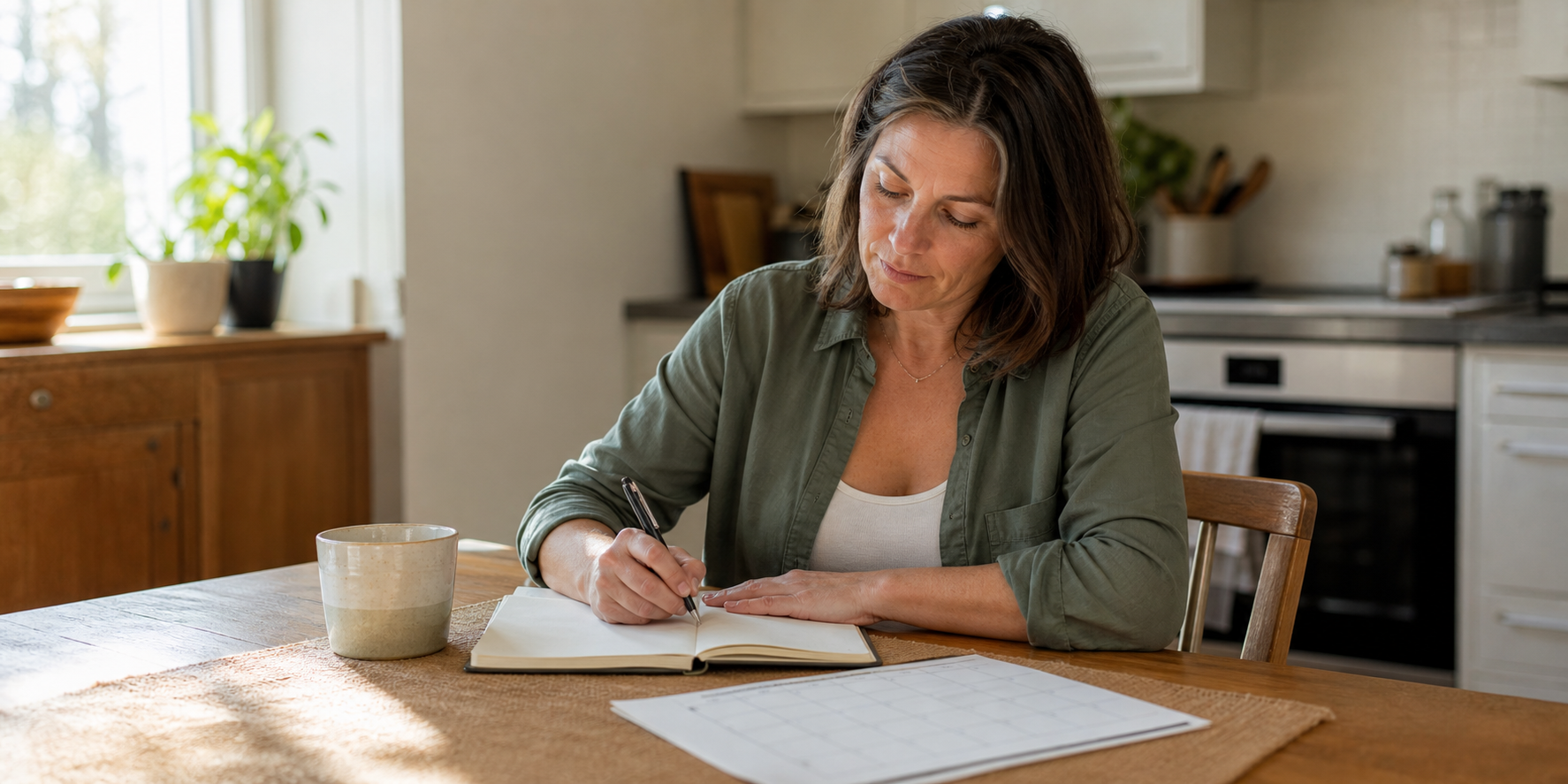 Woman in her forties writing calm appointment questions in a notebook at a sunny kitchen table