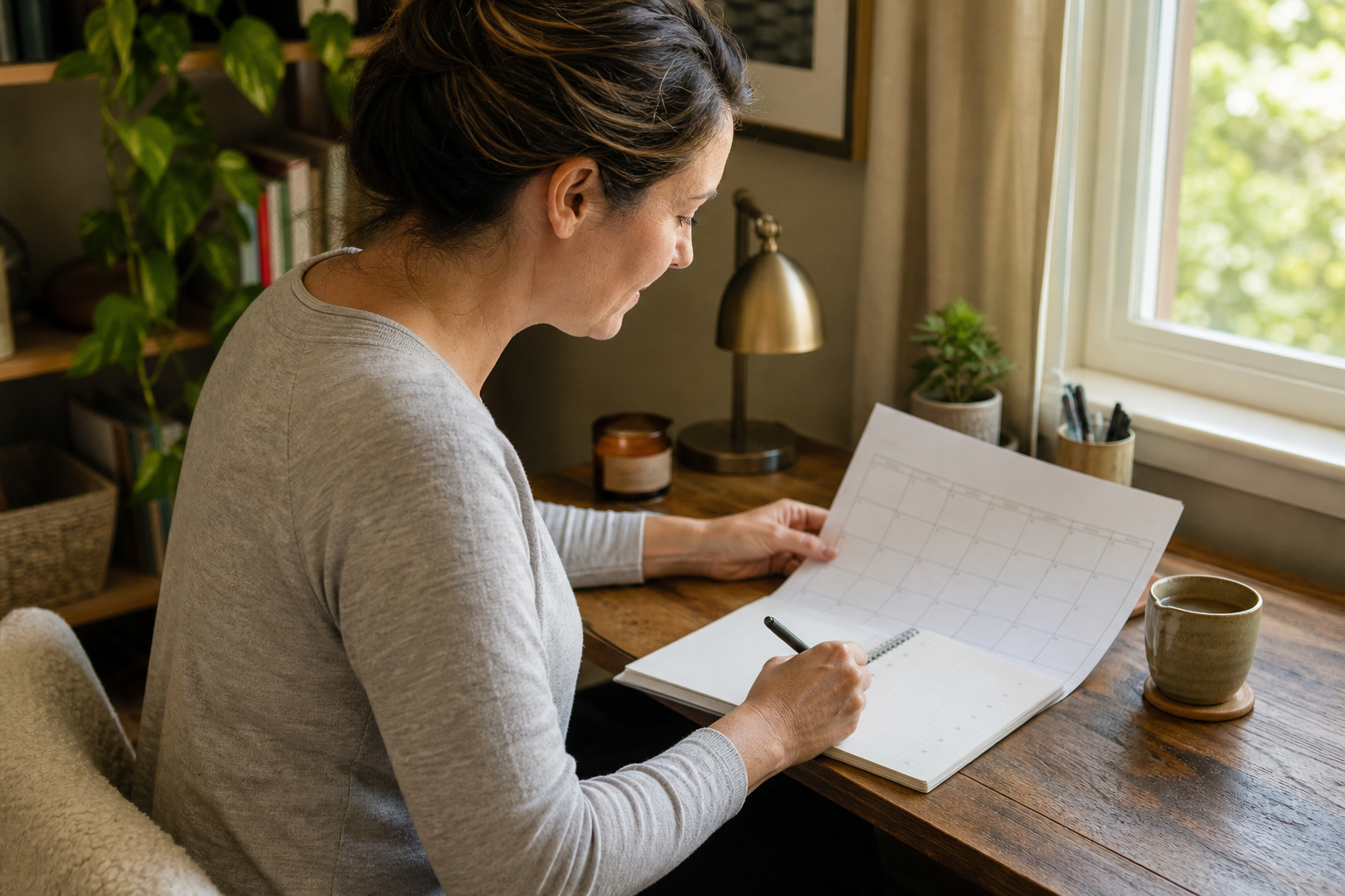 Woman marking sleep, cycle, and mood patterns in a simple paper calendar beside a cup of tea