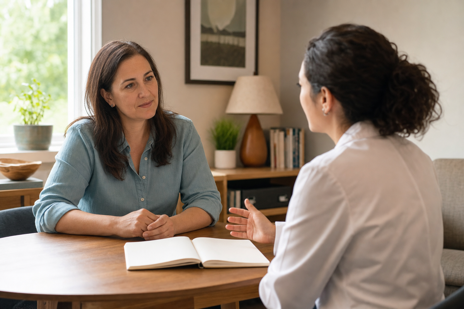Woman having a calm, attentive conversation with a healthcare professional in a warm office, with a notebook on the table