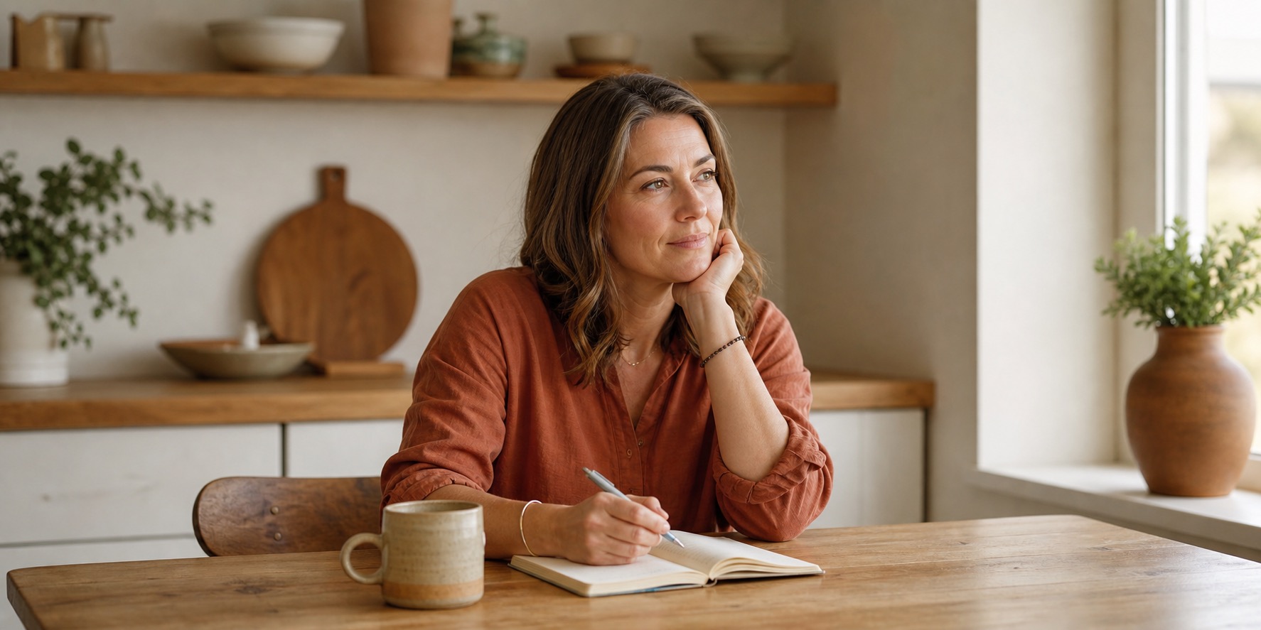 Woman in her forties writing down questions about perimenopause or depression at a kitchen table