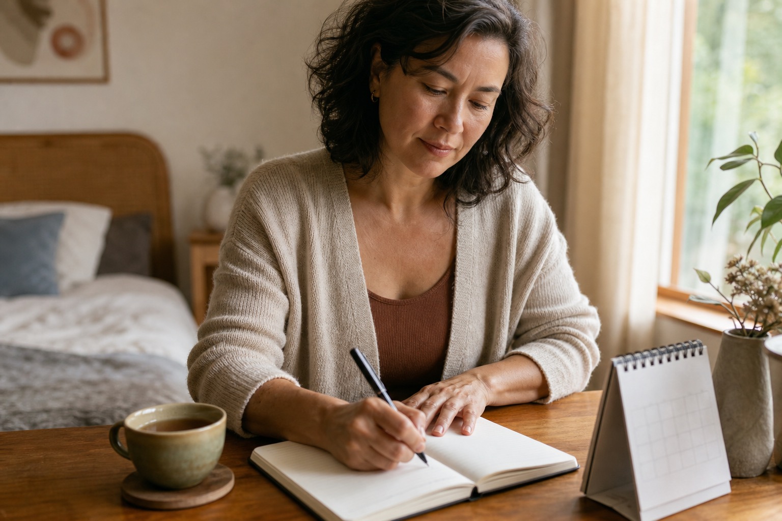 Woman keeping a private notebook and calendar to notice sleep, cycle, and mood patterns