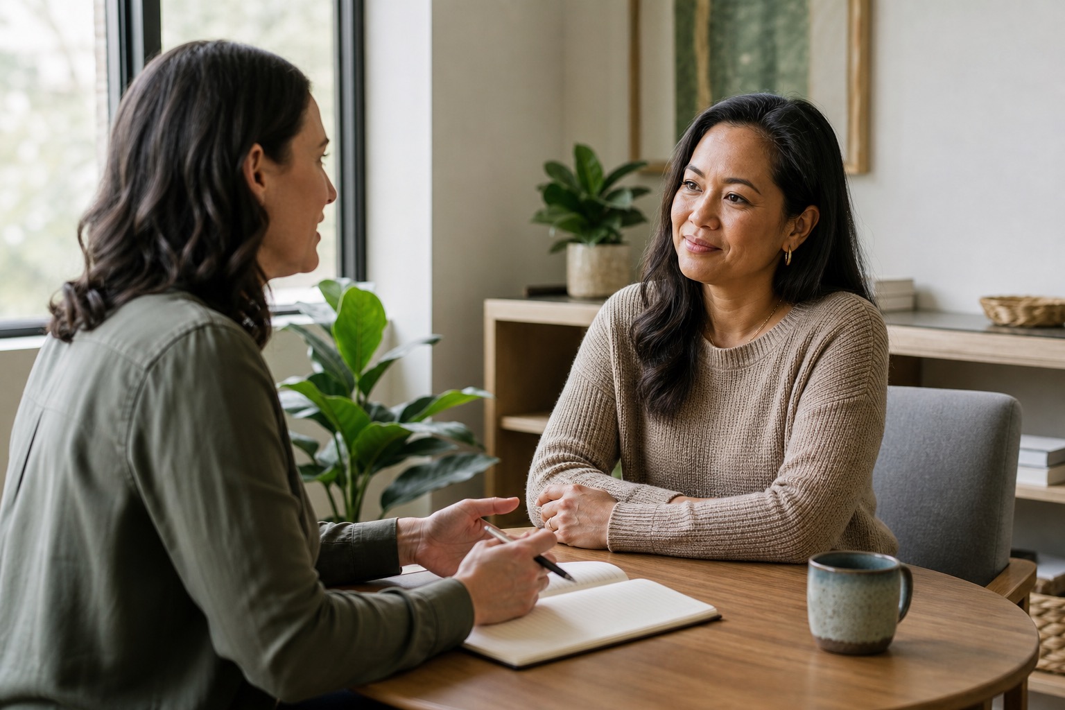 Two women having a calm, attentive conversation at a table with a notebook