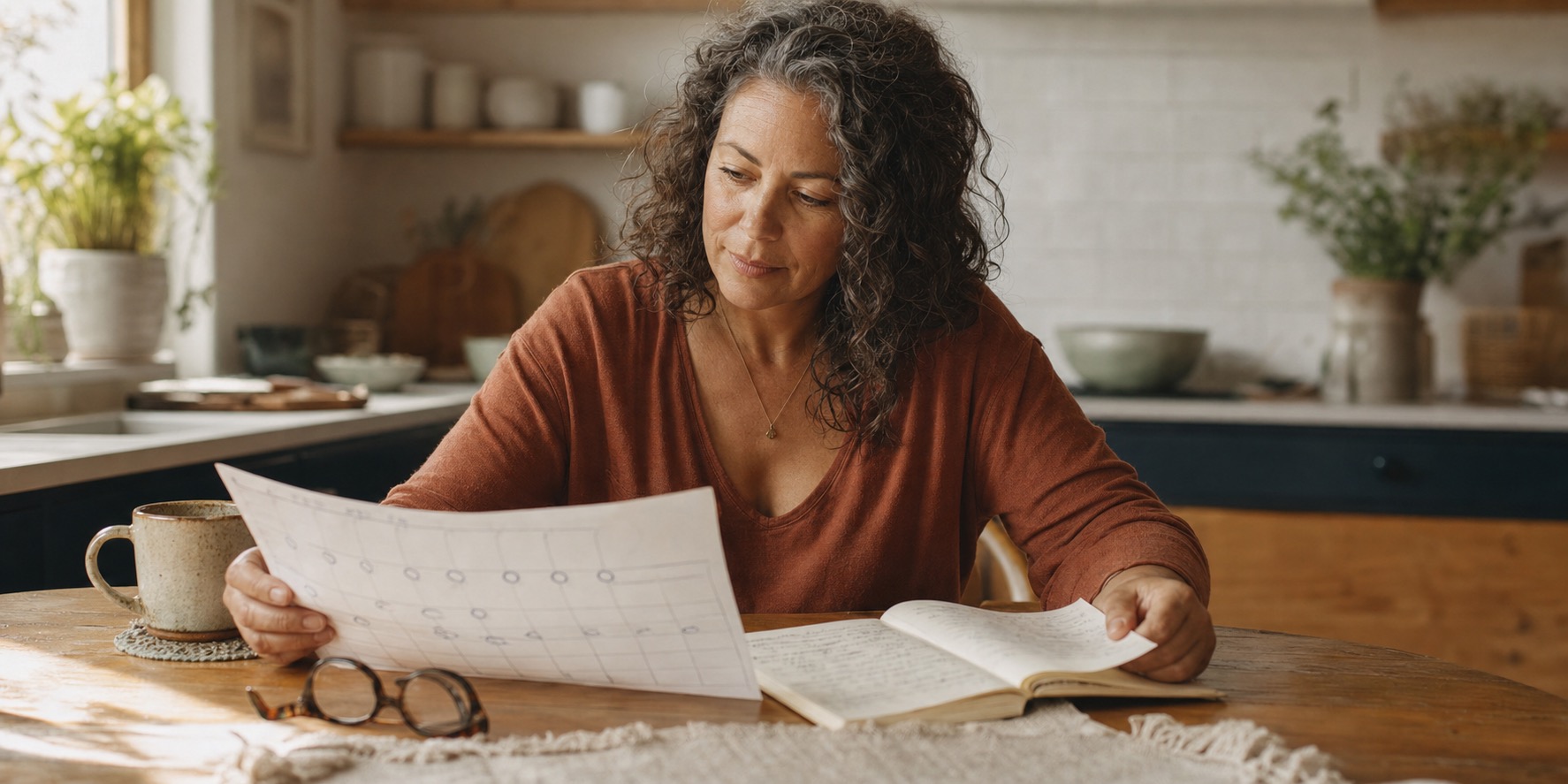 Woman reviewing a calendar and symptom notebook at her kitchen table
