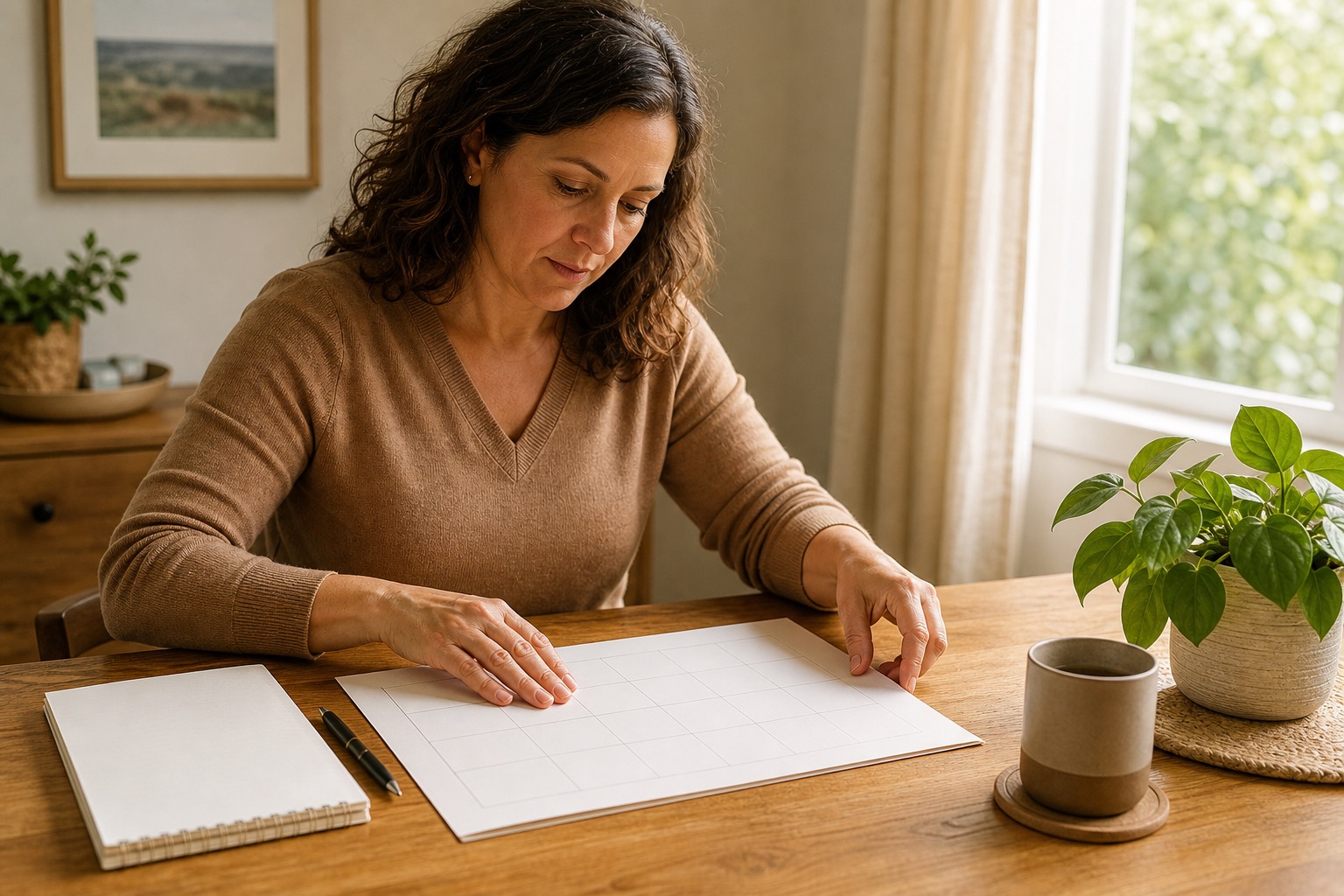 Woman arranging a blank calendar and notebook to prepare for a healthcare appointment