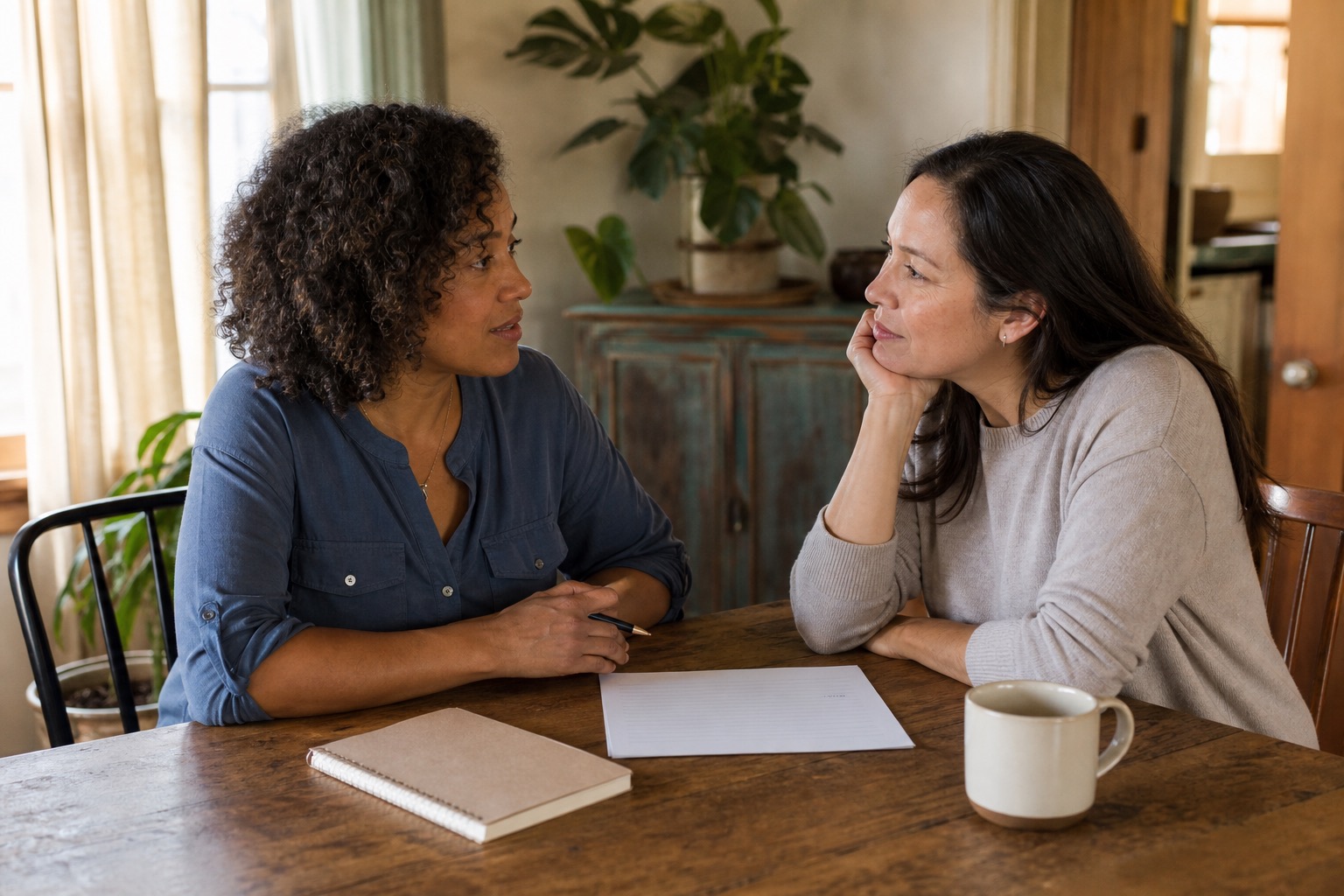 Two women having a calm, supportive conversation at a table before an appointment