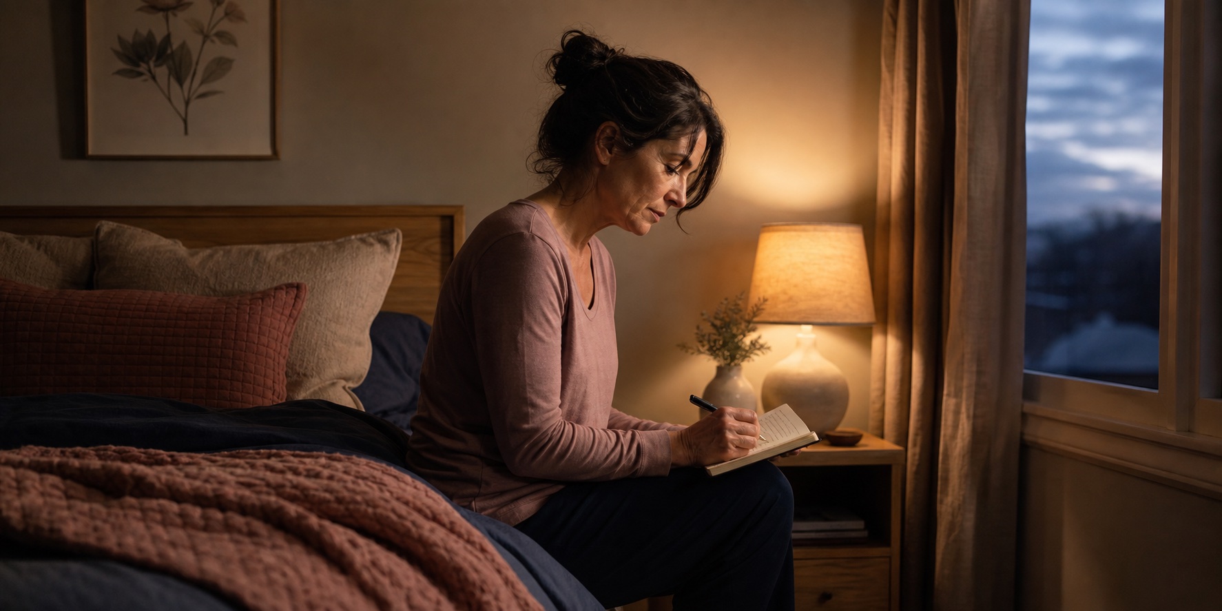Midlife woman awake before dawn in a calm bedroom, writing a few notes by warm bedside light