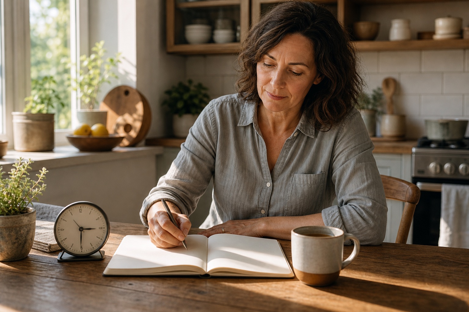 Woman recording sleep and symptom notes beside a cup of tea in a quiet morning kitchen