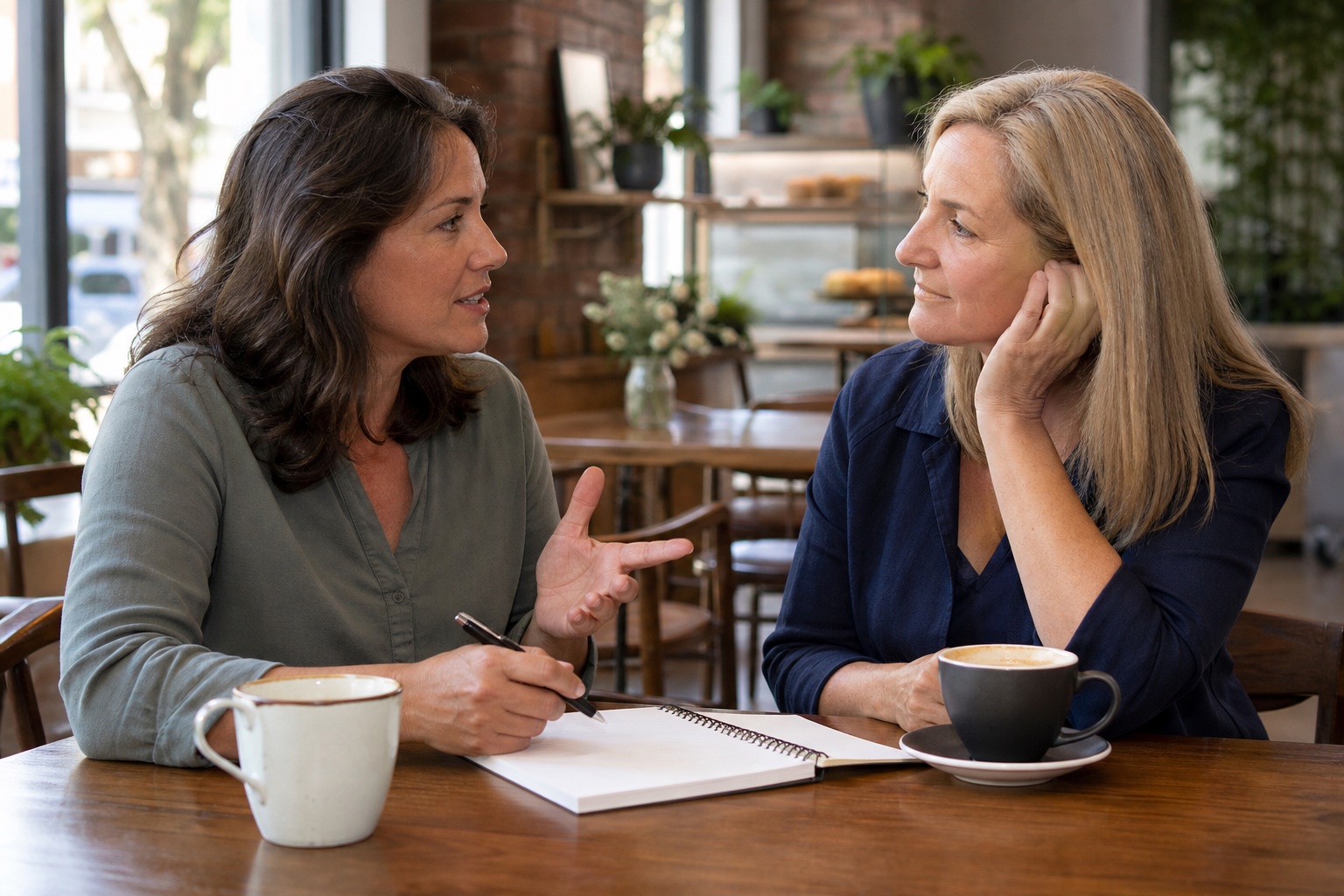 Two midlife friends talking over a notebook in a bright, quiet cafe before a healthcare appointment