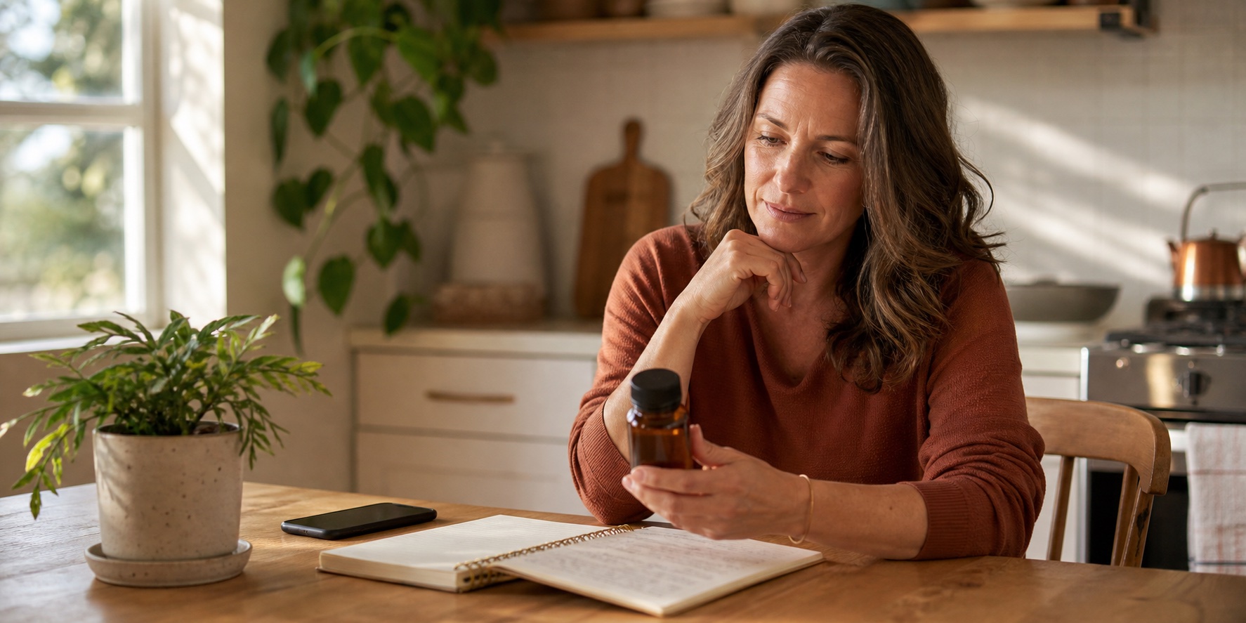 Woman in her forties reviewing an unbranded supplement bottle and a handwritten list at a warm kitchen table