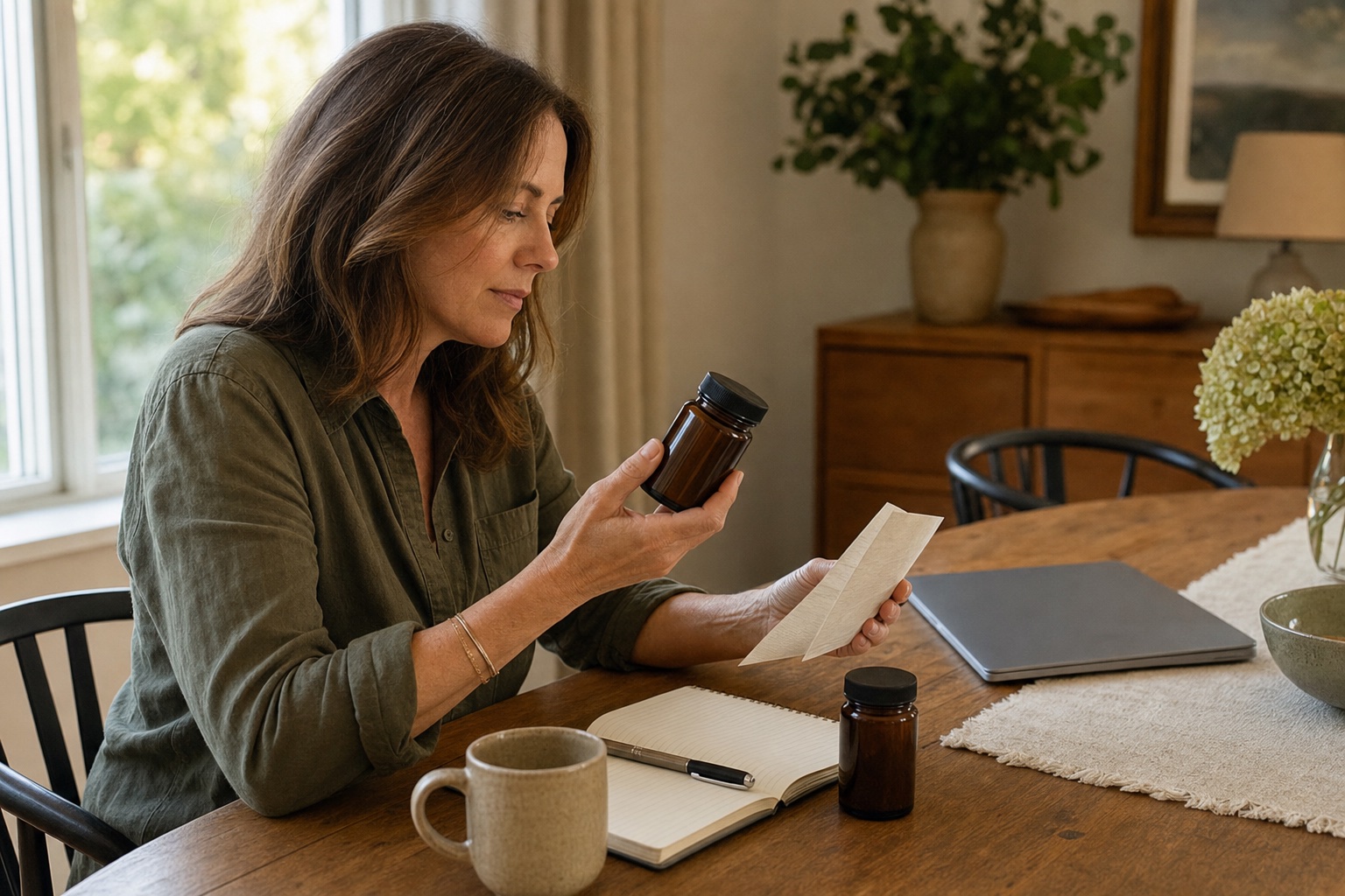 Woman comparing two plain unbranded containers beside a notebook and phone at a sunlit dining table