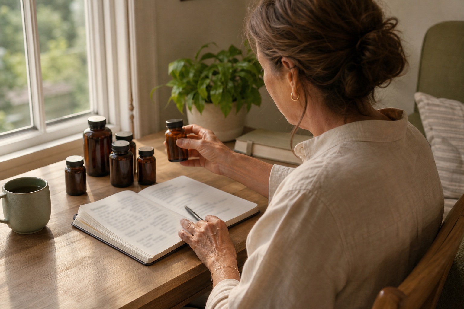 Woman in a quiet living room making a clear list of medications and supplements in a notebook beside a plain unbranded bottle