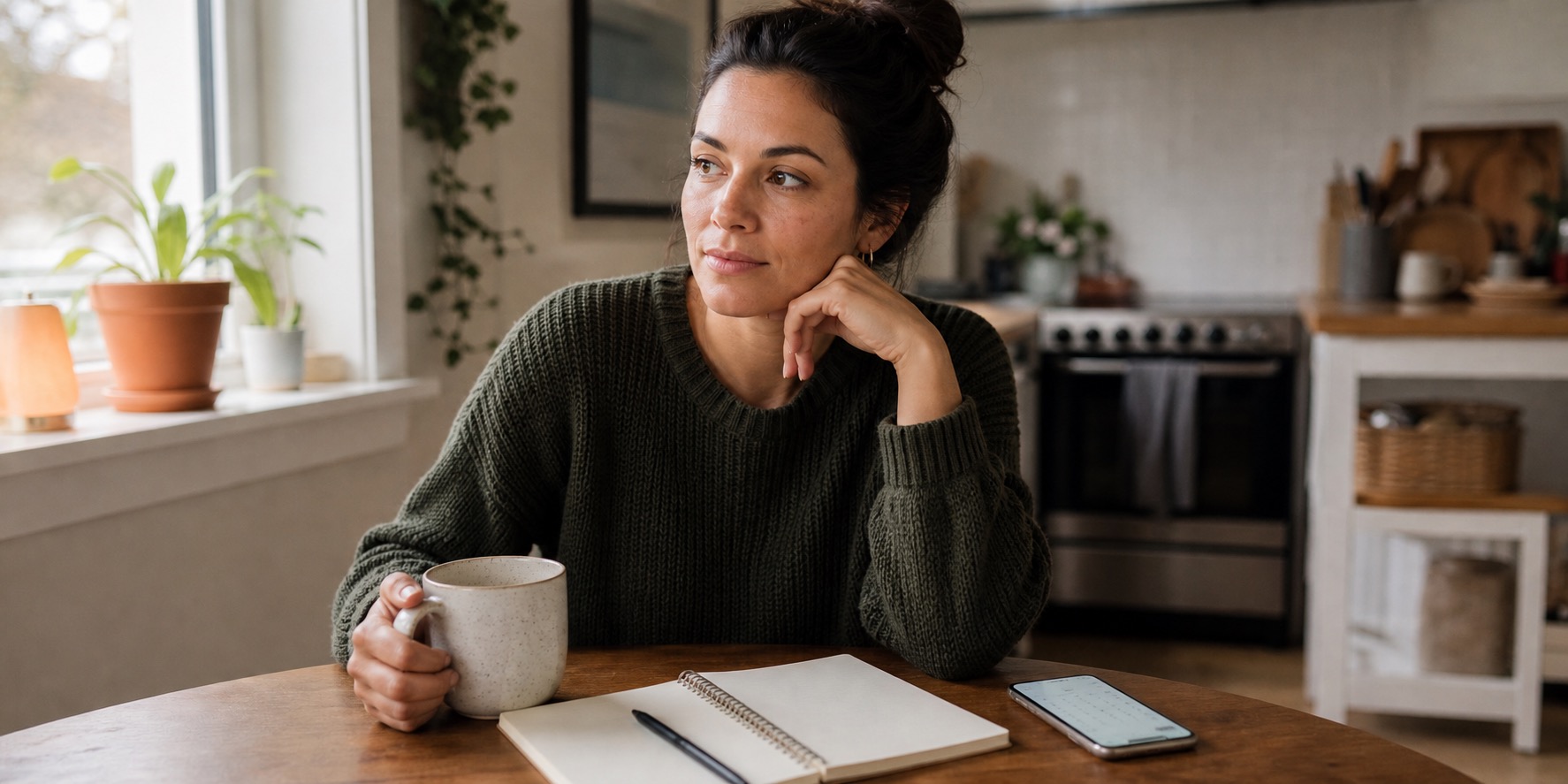 Woman at a kitchen table thinking through perimenopause symptoms at 35 with a notebook and calendar