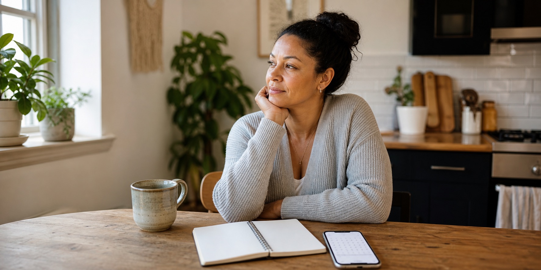 Woman at a kitchen table thinking through perimenopause symptoms at 37 with a blank notebook and phone calendar