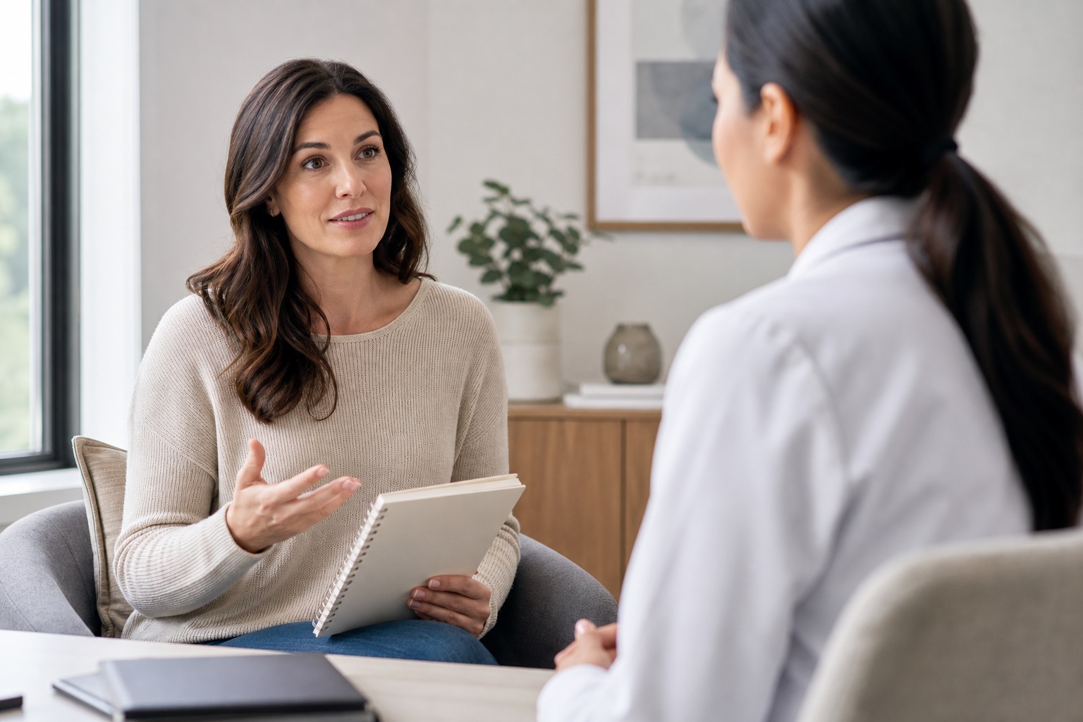 Woman holding a blank notebook while discussing early perimenopause symptoms with a healthcare provider