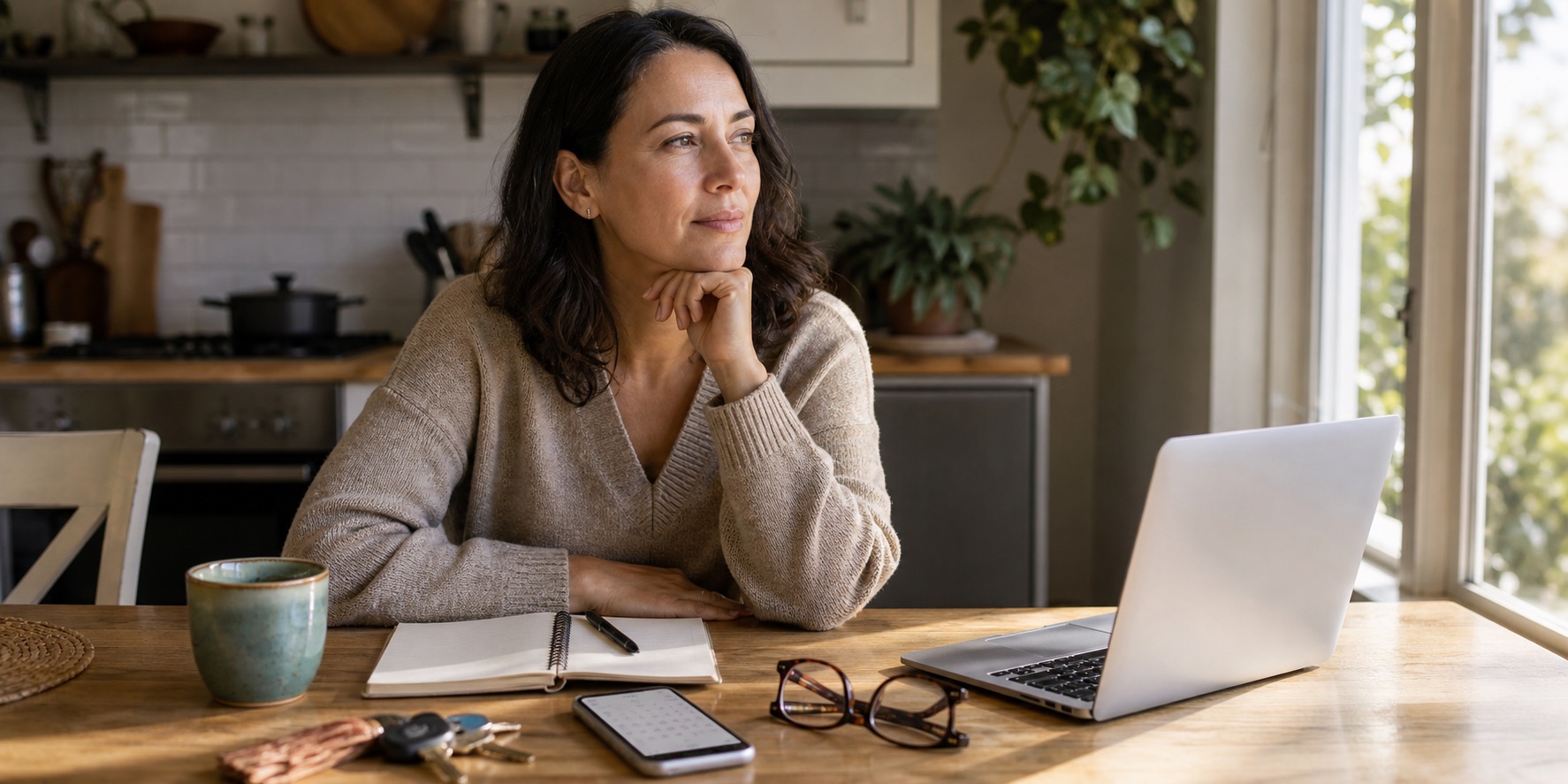 Woman at a kitchen table thinking through perimenopause symptoms at 40 with a notebook and calendar
