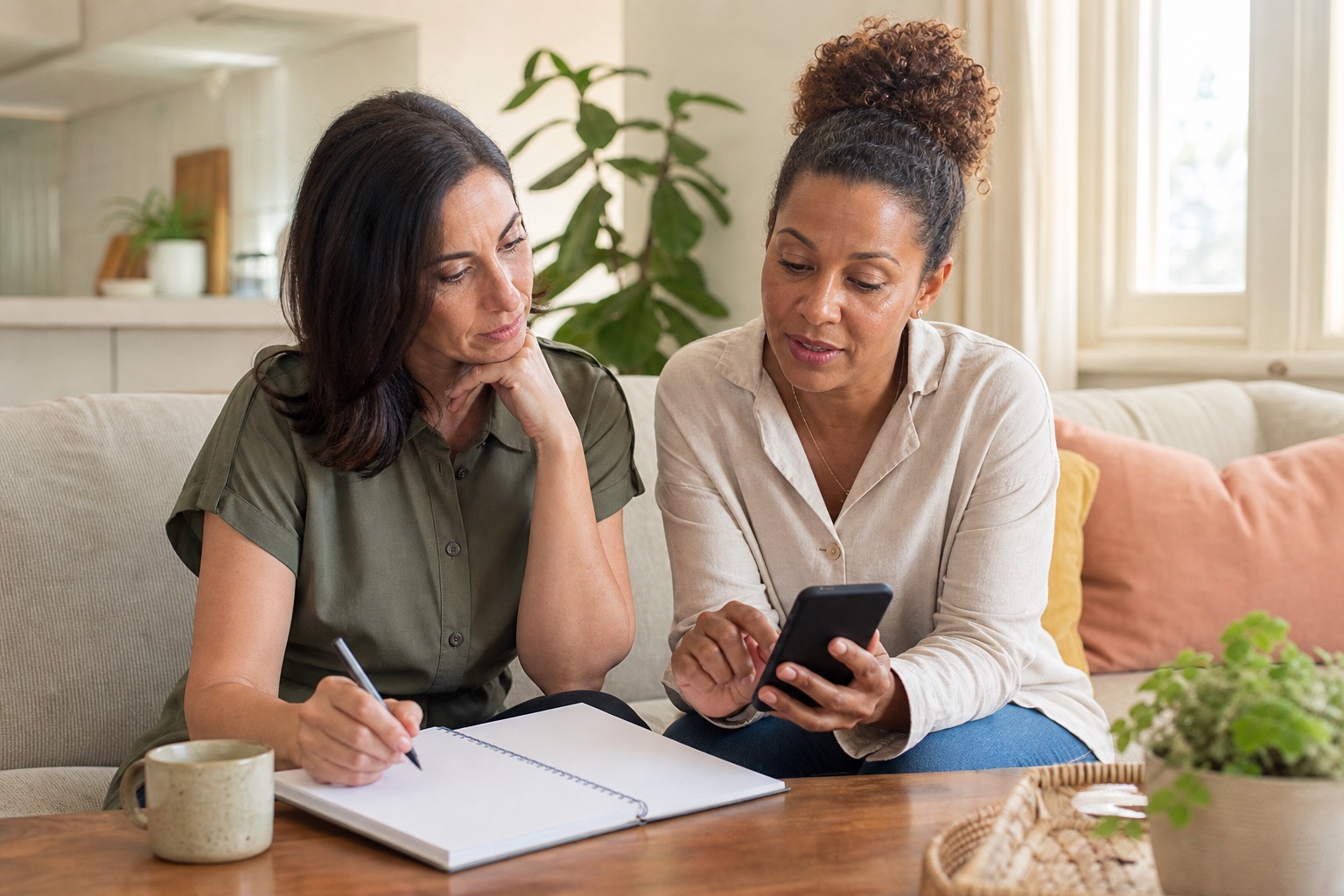 Two women reviewing a blank symptom notebook and phone calendar while discussing perimenopause symptoms at 40