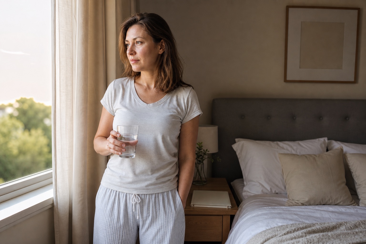 Woman standing by a bedroom window after disrupted sleep with water and a blank journal nearby