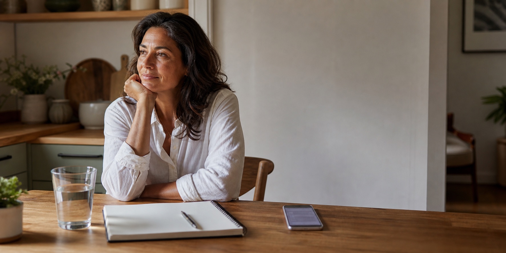Woman at a kitchen table thinking through perimenopause symptoms at 42 with a blank notebook and phone calendar