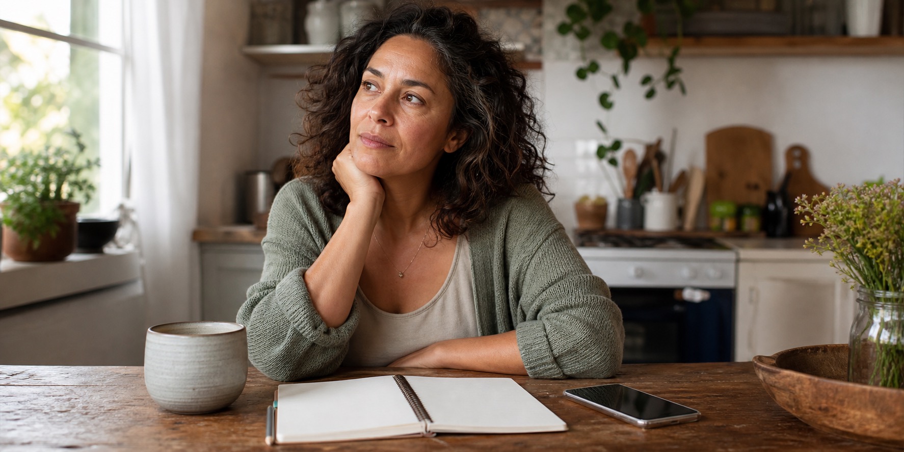 Woman at a kitchen table thinking through perimenopause symptoms at 45 with a blank notebook and phone calendar