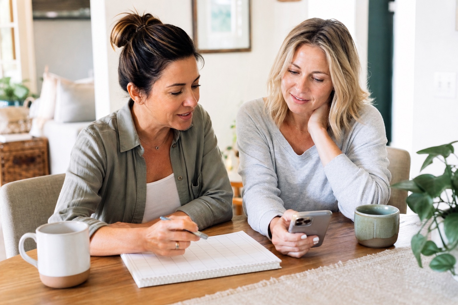 Two women reviewing a blank symptom tracker and phone calendar while discussing perimenopause symptoms at 45