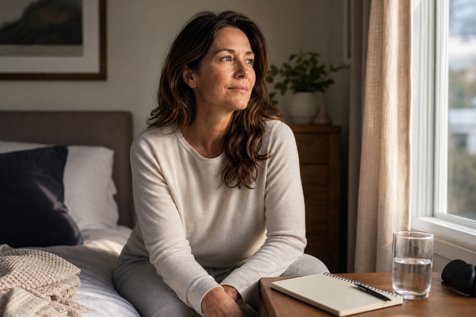 Woman near a bedroom window with a blank journal and water glass after disrupted sleep during perimenopause