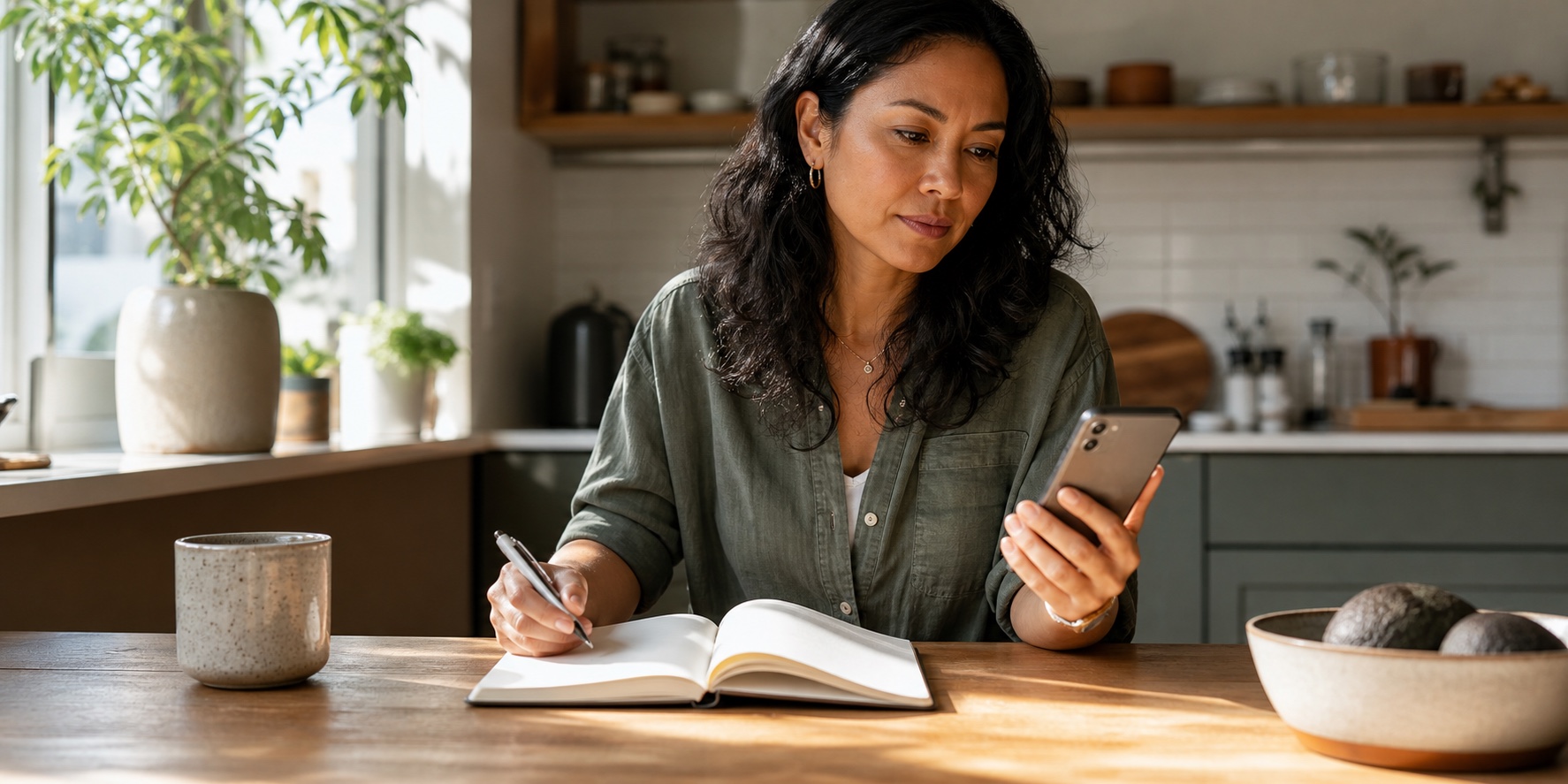 Woman reviewing a blank symptom tracker and phone calendar while thinking about why perimenopause symptoms come and go