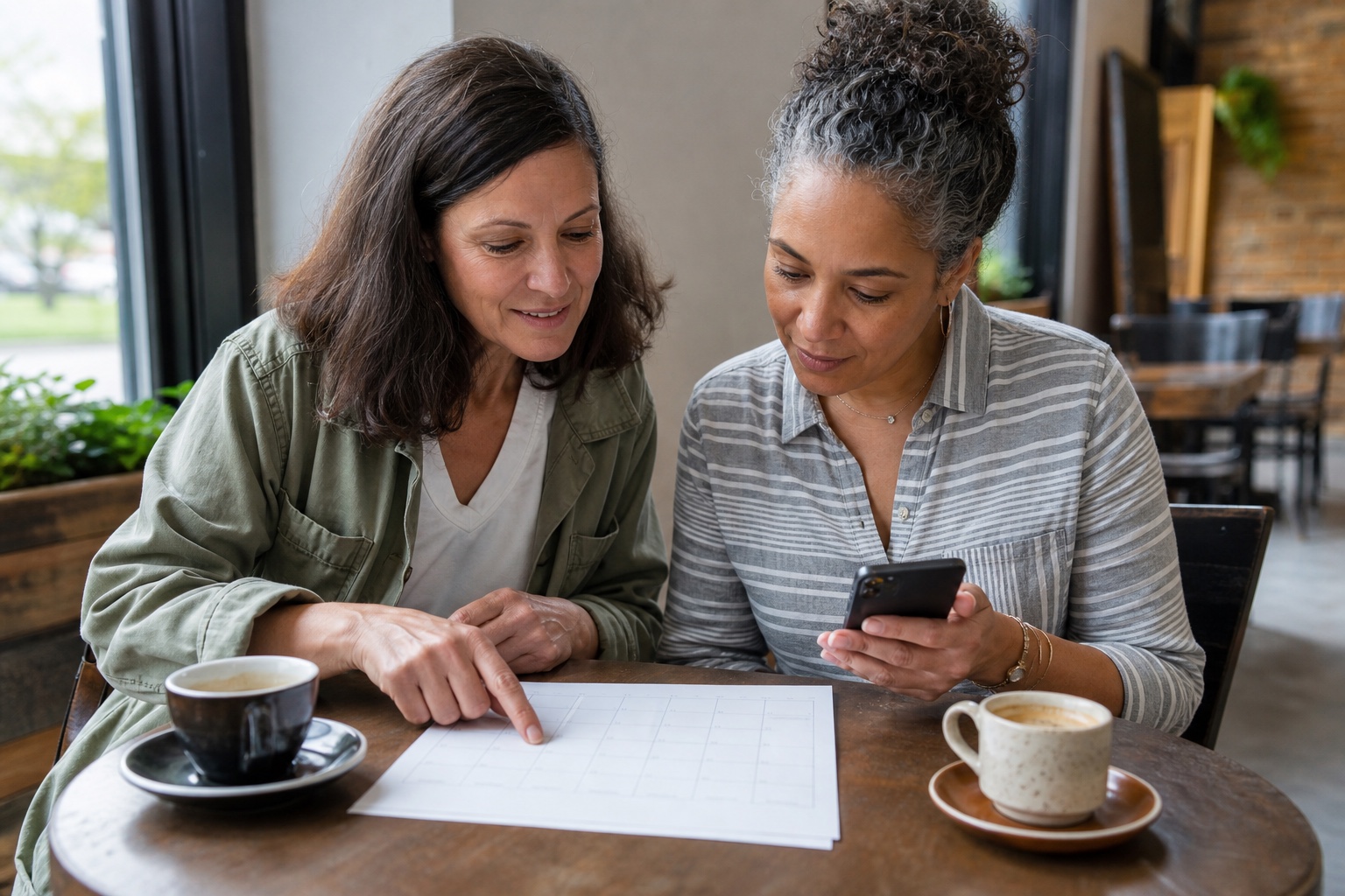 Two women comparing a blank calendar and phone while discussing perimenopause symptoms that come and go