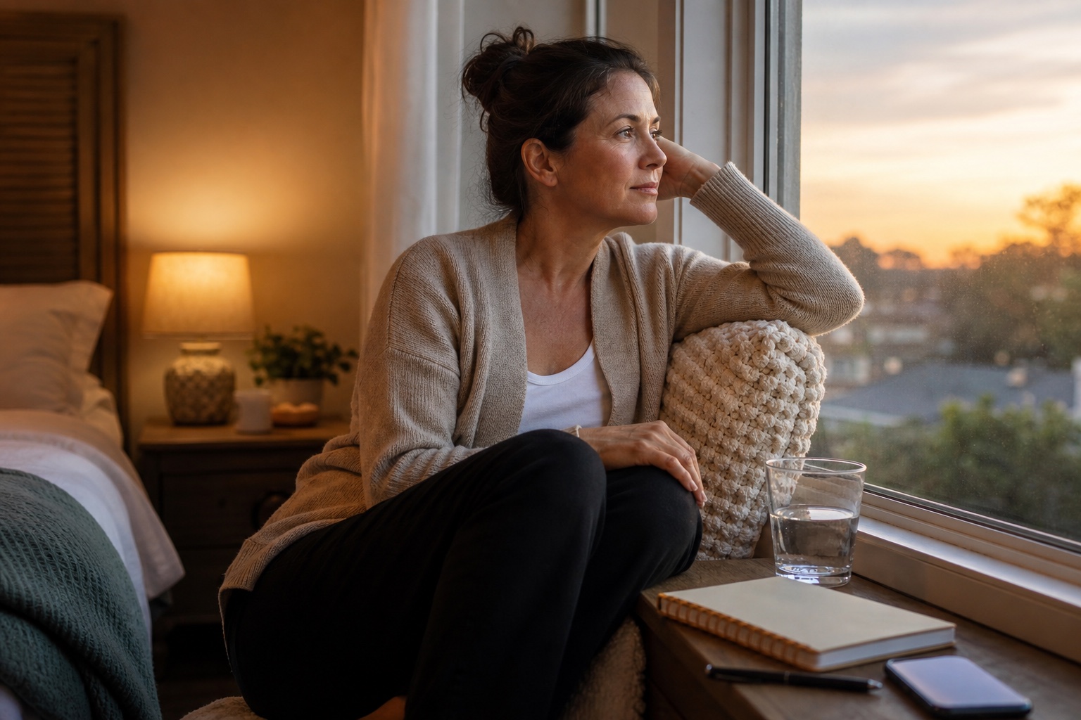 Woman sitting by a bedroom window with a blank journal after a week of fluctuating perimenopause symptoms