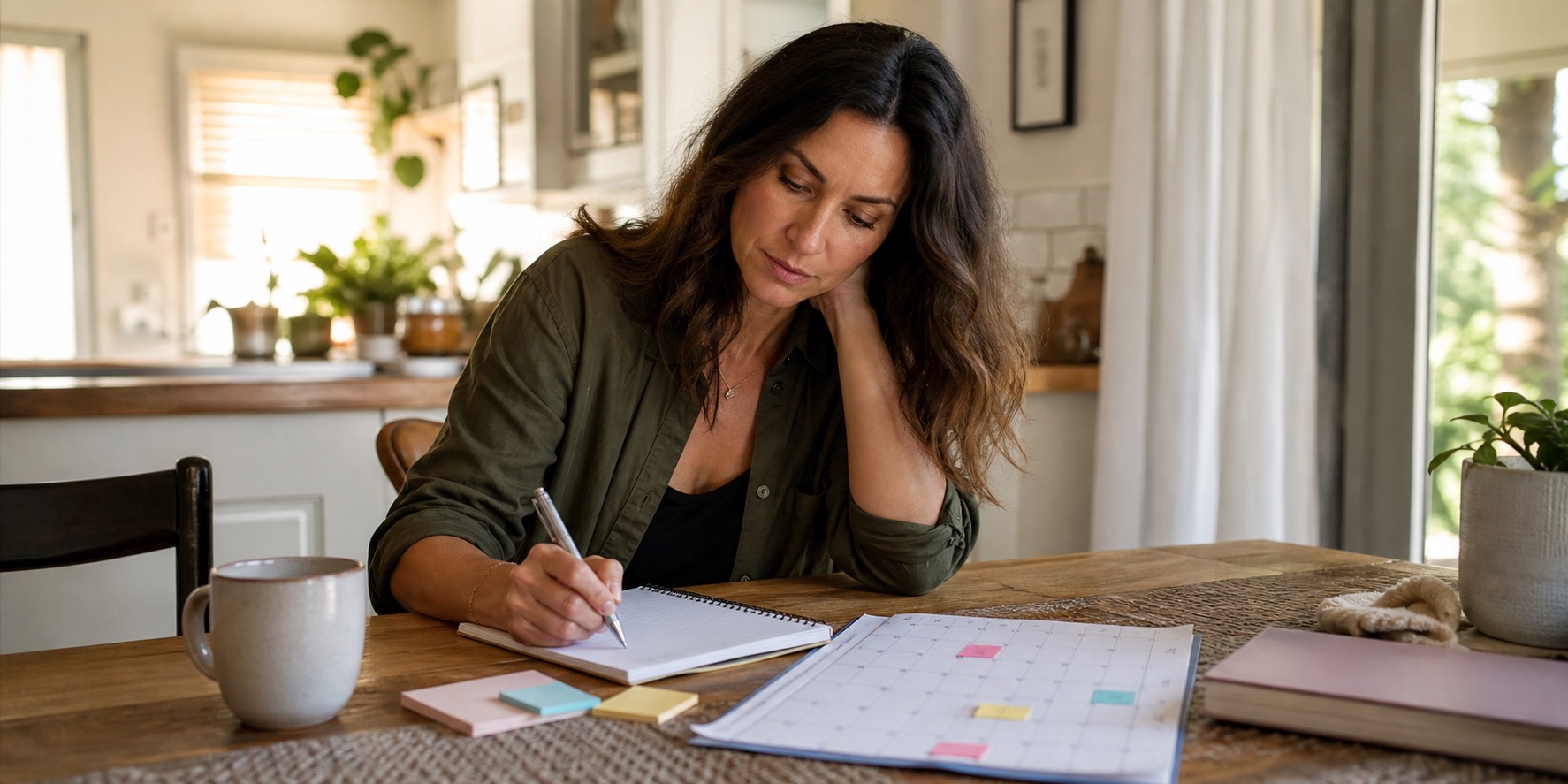 Woman writing a perimenopause symptoms list in a notebook at her kitchen table