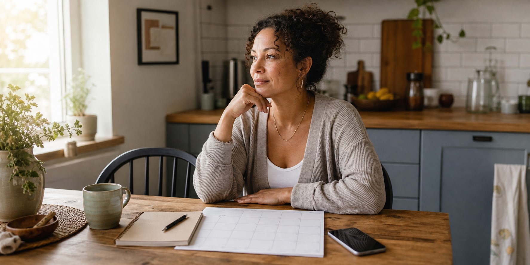Woman reviewing a blank calendar and symptom tracker while thinking about a perimenopause symptoms timeline