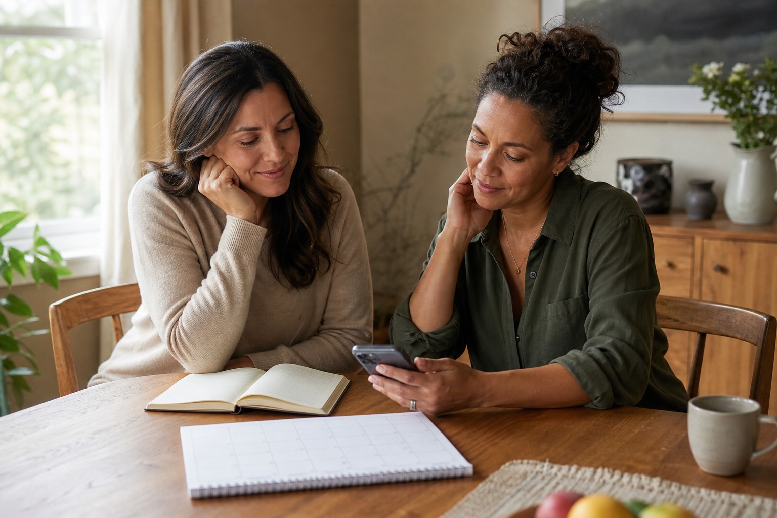 Two women comparing a blank calendar and phone while discussing early perimenopause symptoms and tracking patterns