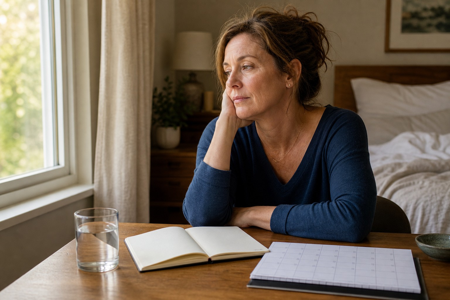 Woman beside a bedroom window with a blank journal and calendar after tracking late perimenopause symptoms and sleep changes