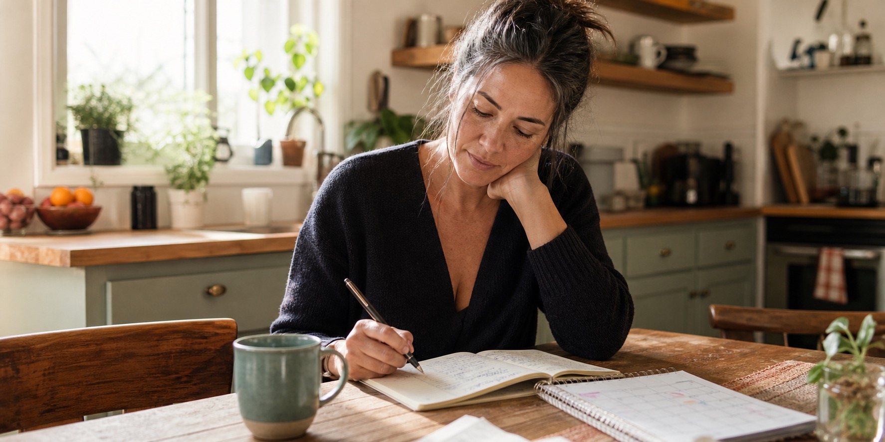 Woman tracking perimenopause symptoms in a notebook at her kitchen table