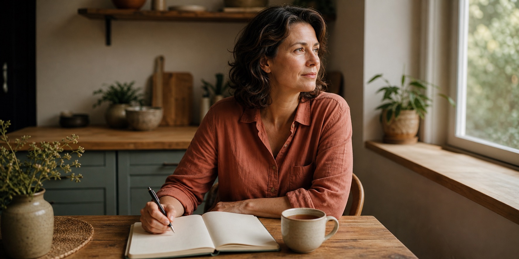 Woman in her forties reviewing a few practical health notes with tea at a sunlit kitchen table