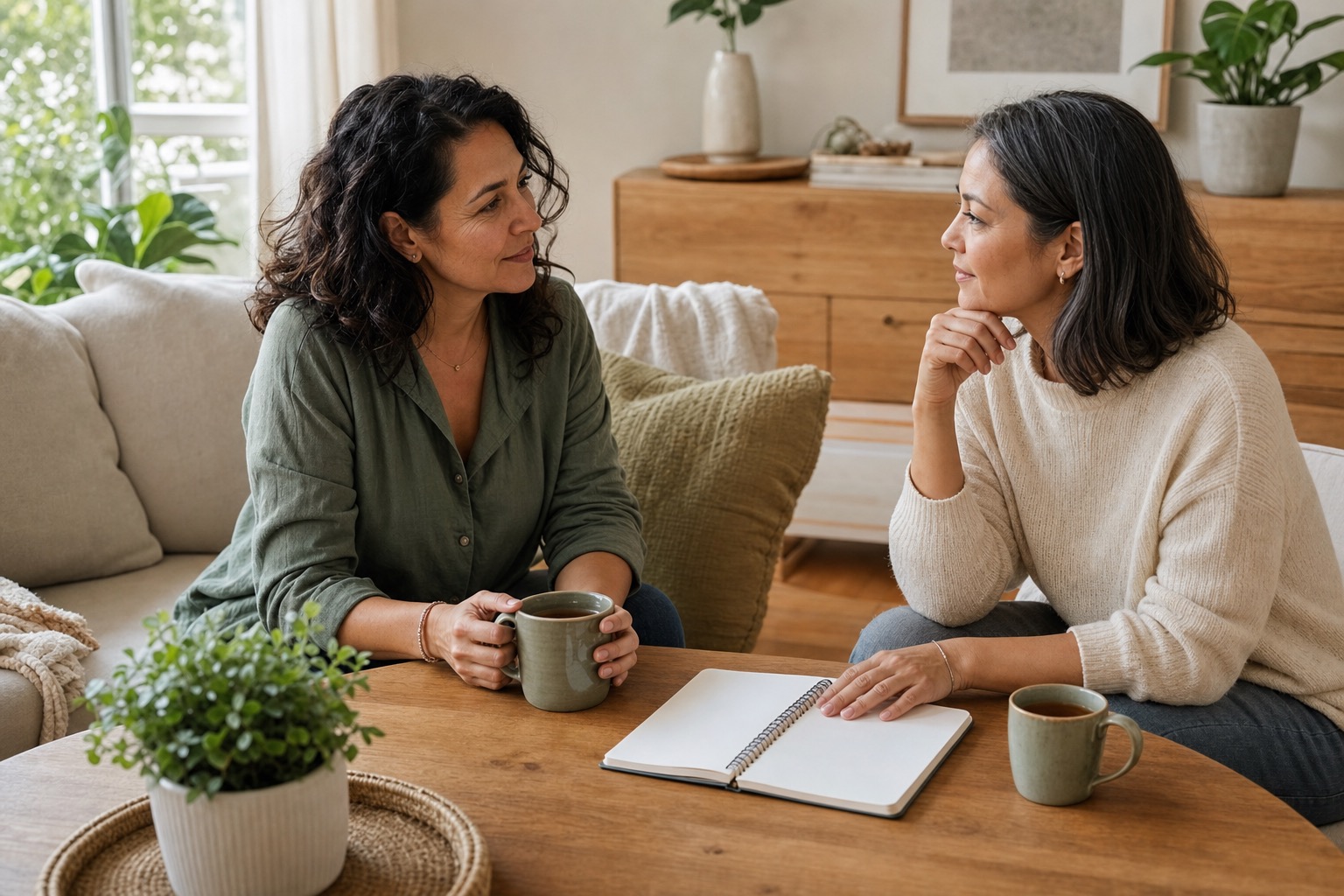 Two women having a practical, supportive conversation over a blank notebook and tea