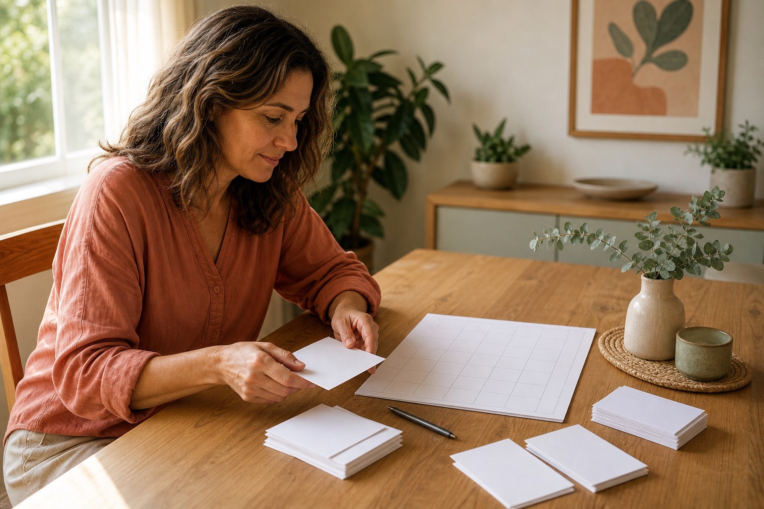 Woman organizing blank planning cards and a calendar at a sunny dining table