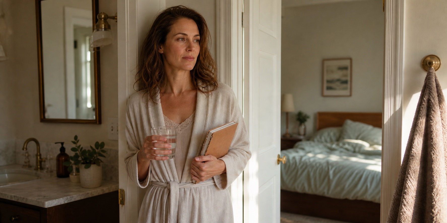 Woman thinking about perimenopause urinary symptoms at home in soft morning light