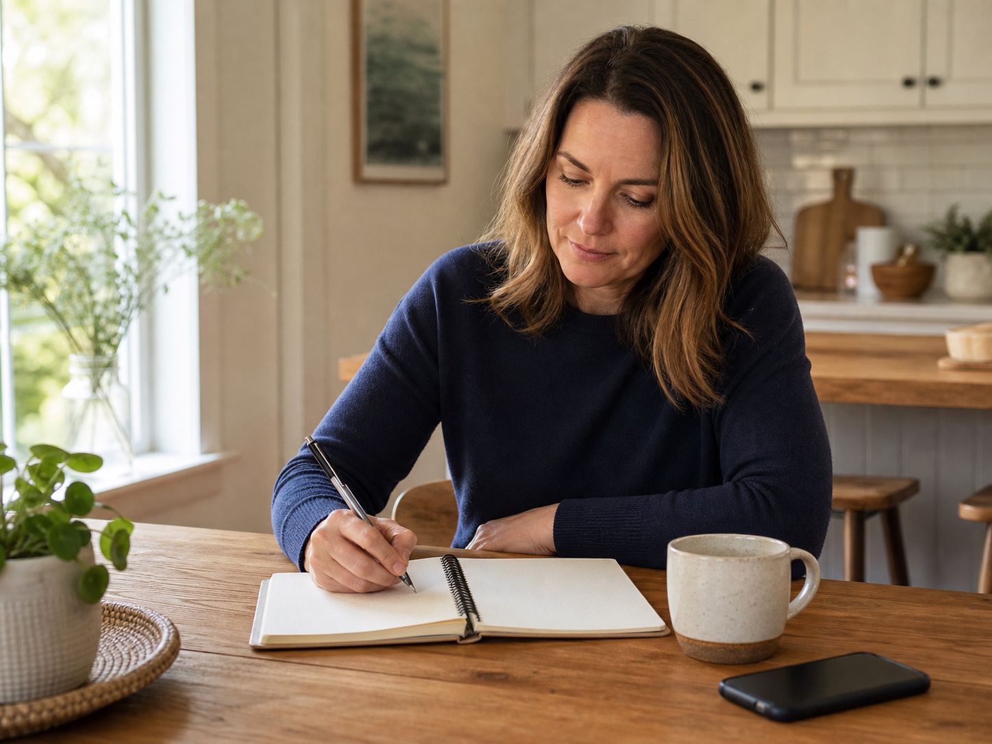 Woman writing symptom notes in a notebook beside a mug at a kitchen table